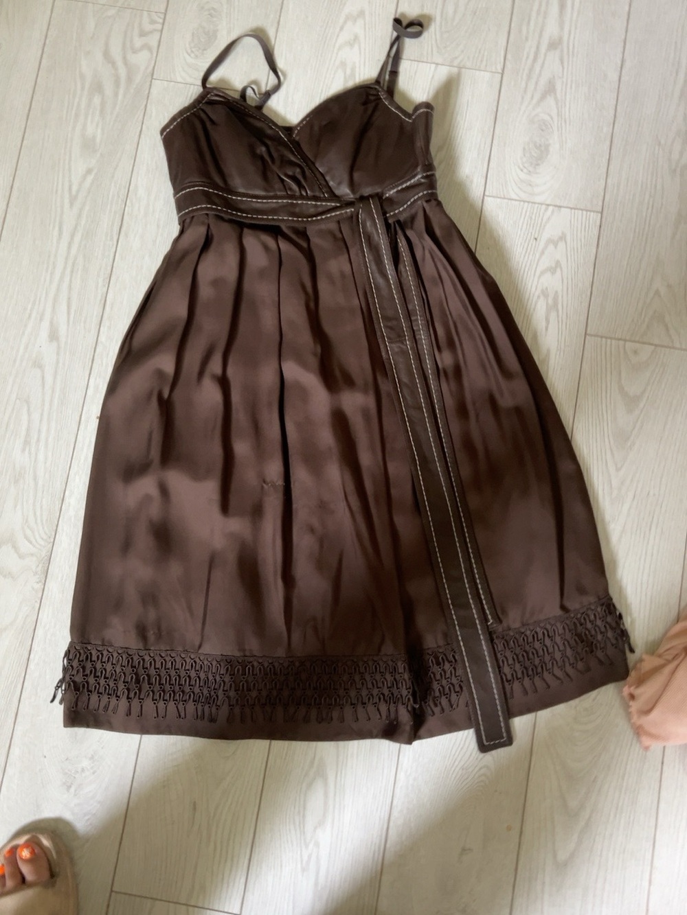 Danier Brown Satin Midi Dress with Waist Tie